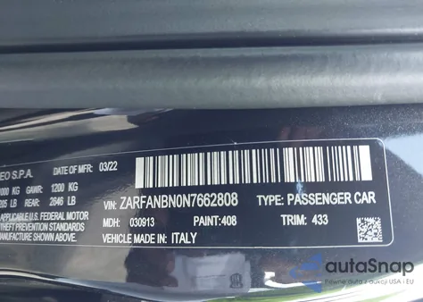 2022 Alfa Romeo Giulia Ti Awd from USA, damaged, VIN ZARFANBN0N7662808